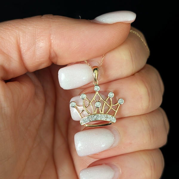 Vintage Diamond 10k Yellow Gold Crown Pendant on Chain Necklace Tiara