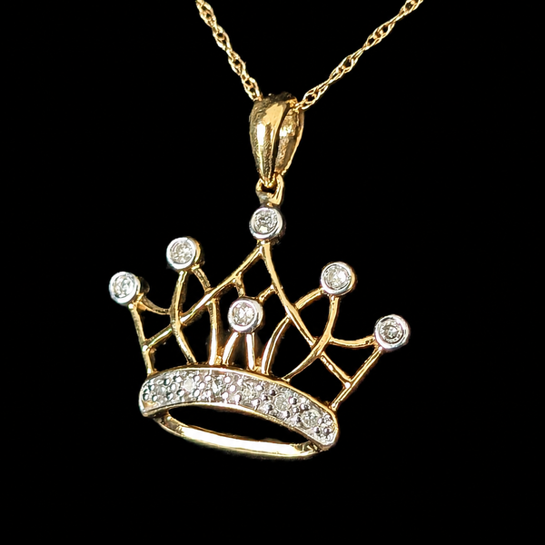 Vintage Diamond 10k Yellow Gold Crown Pendant on Chain Necklace Tiara