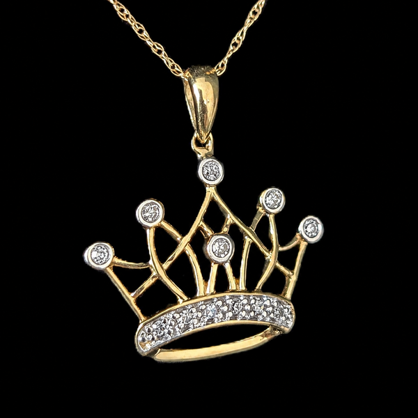 Vintage Diamond 10k Yellow Gold Crown Pendant on Chain Necklace Tiara