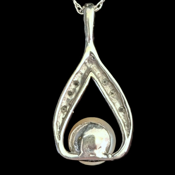 Vintage Pearl Diamonds 14k White Gold Pendant on 10k Chain Necklace Estate Gift