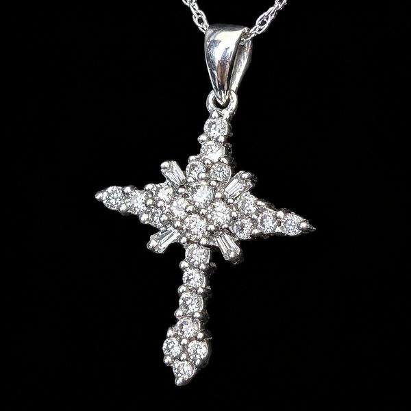 Vintage Natural Cluster Diamonds 14k White Gold Cross Pendant 10k Chain Necklace