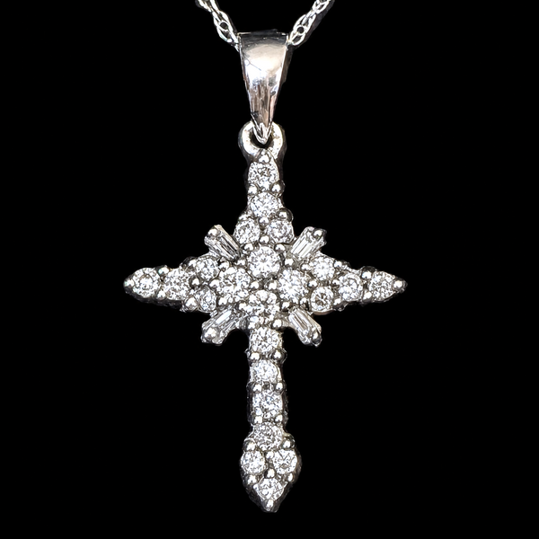Vintage Natural Cluster Diamonds 14k White Gold Cross Pendant 10k Chain Necklace