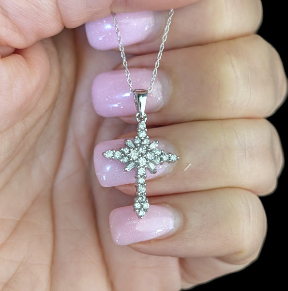 Vintage Natural Cluster Diamonds 14k White Gold Cross Pendant 10k Chain Necklace