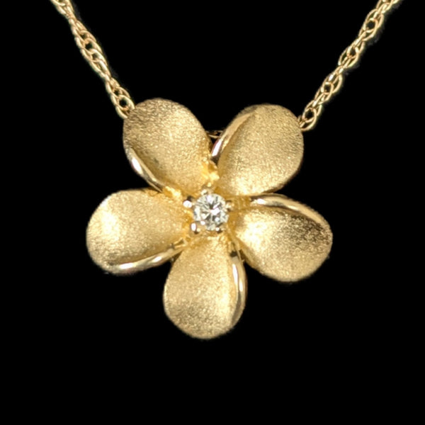 Estate Diamond 14k Yellow Gold Flower Pendant on 10k Gold Chain Necklace Floral