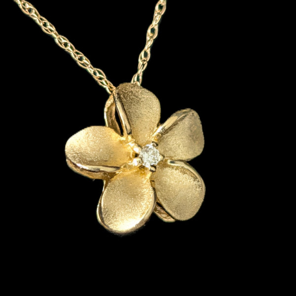 Estate Diamond 14k Yellow Gold Flower Pendant on 10k Gold Chain Necklace Floral