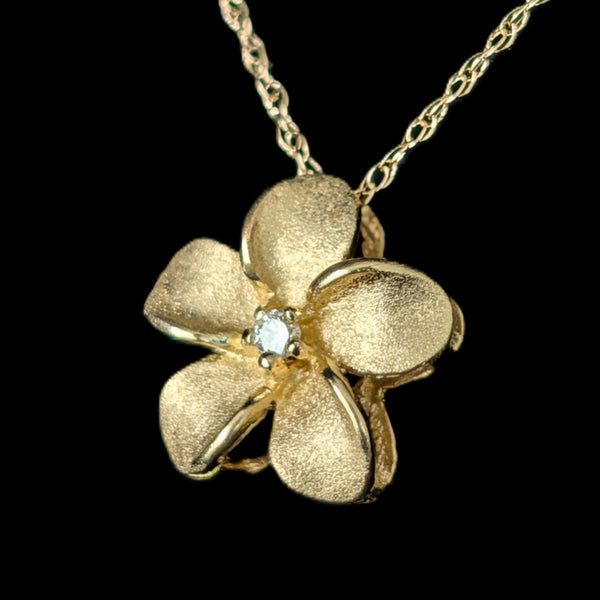 Estate Diamond 14k Yellow Gold Flower Pendant on 10k Gold Chain Necklace Floral