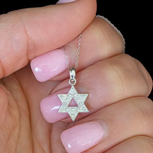 Vintage Dainty Star of David Diamonds 14k White Gold Pendant  with 10k Chain