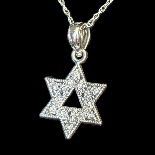 Vintage Dainty Star of David Diamonds 14k White Gold Pendant  with 10k Chain