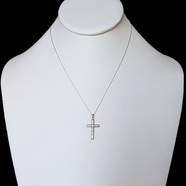 Vintage Diamonds 10k White Gold Cross Pendant on Chain Necklace Estate Christian