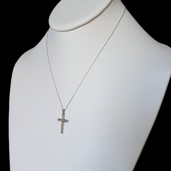 Vintage Diamonds 10k White Gold Cross Pendant on Chain Necklace Estate Christian