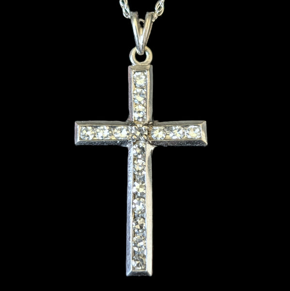Vintage Diamonds 10k White Gold Cross Pendant on Chain Necklace Estate Christian