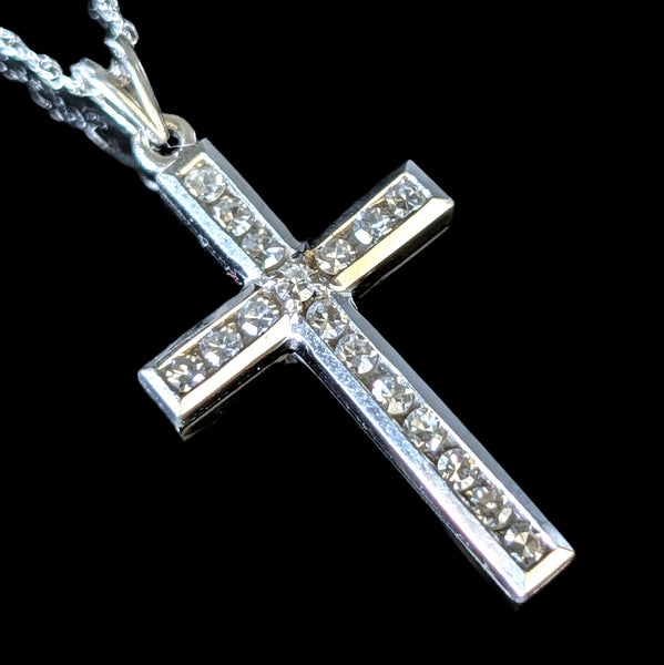 Vintage Diamonds 10k White Gold Cross Pendant on Chain Necklace Estate Christian