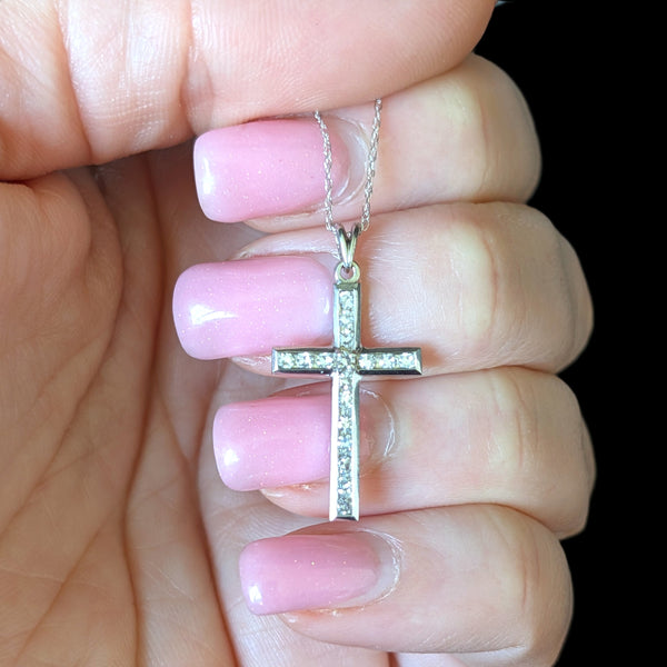 Vintage Diamonds 10k White Gold Cross Pendant on Chain Necklace Estate Christian