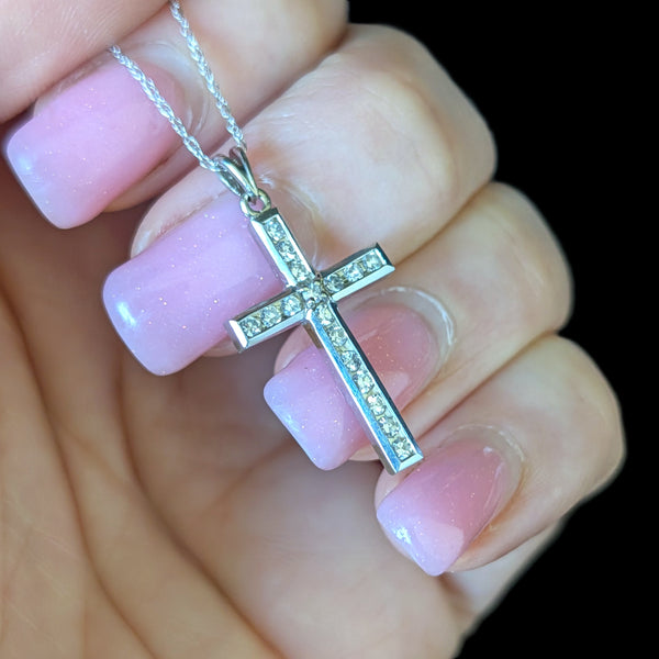 Vintage Diamonds 10k White Gold Cross Pendant on Chain Necklace Estate Christian