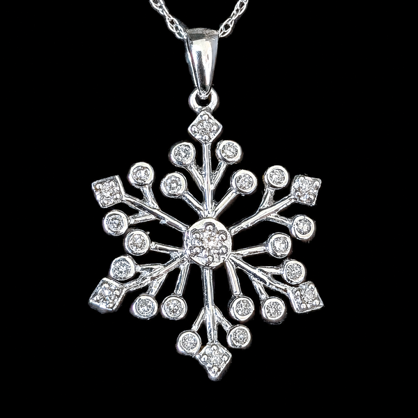 Vintage Natural Diamonds 10k White Gold Snowflake Necklace Pendant on Chain Gift 
