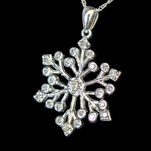 Vintage Natural Diamonds 10k White Gold Snowflake Necklace Pendant on Chain Gift 