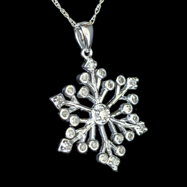 Vintage Natural Diamonds 10k White Gold Snowflake Necklace Pendant on Chain Gift 
