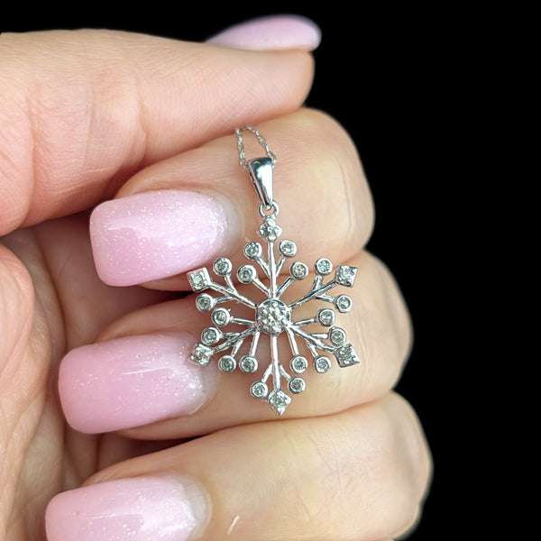 Vintage Natural Diamonds 10k White Gold Snowflake Necklace Pendant on Chain Gift 