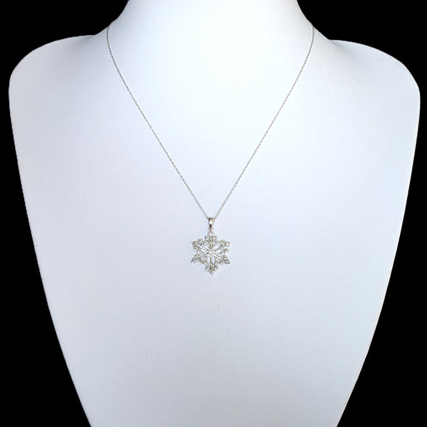 Vintage Natural Diamonds 10k White Gold Snowflake Necklace Pendant on Chain Gift 