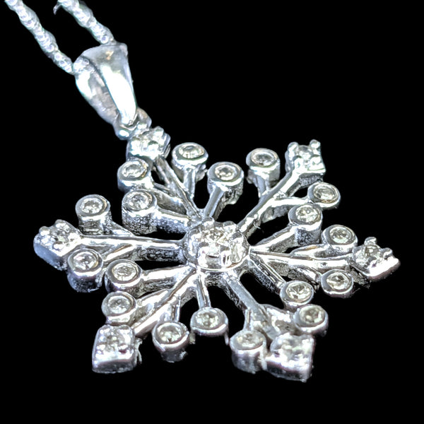 Vintage Natural Diamonds 10k White Gold Snowflake Necklace Pendant on Chain Gift 