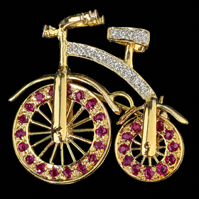 Vintage Spinning Wheels Diamond Ruby 14k Gold Bicycle Brooch Bike Pin Kinetic