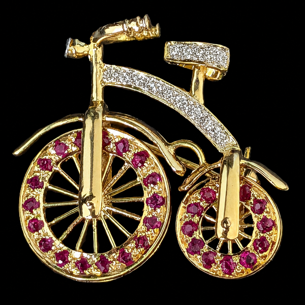 Vintage Spinning Wheels Diamond Ruby 14k Gold Bicycle Brooch Bike Pin Kinetic