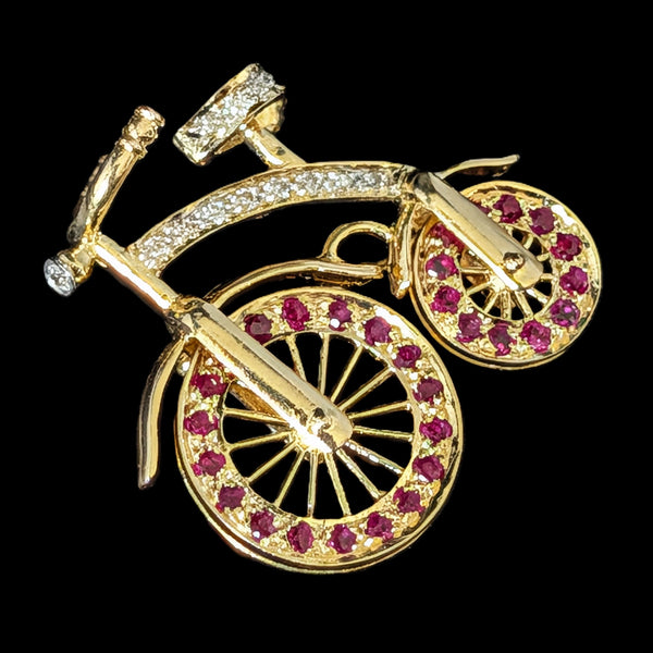 Vintage Spinning Wheels Diamond Ruby 14k Gold Bicycle Brooch Bike Pin Kinetic