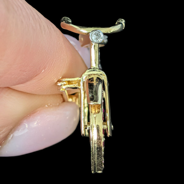 Vintage Spinning Wheels Diamond Ruby 14k Gold Bicycle Brooch Bike Pin Kinetic