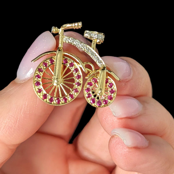 Vintage Spinning Wheels Diamond Ruby 14k Gold Bicycle Brooch Bike Pin Kinetic