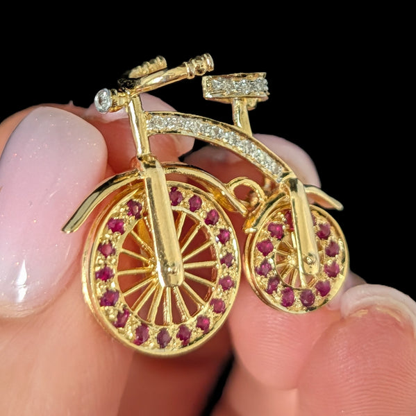 Vintage Spinning Wheels Diamond Ruby 14k Gold Bicycle Brooch Bike Pin Kinetic