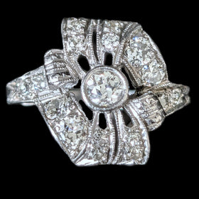 Edwardian Era Old European Cut Diamonds Platinum Cocktail Ring Floral Antique
