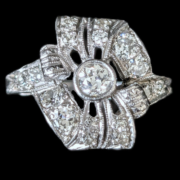 Edwardian Era Old European Cut Diamonds Platinum Cocktail Ring Floral Antique