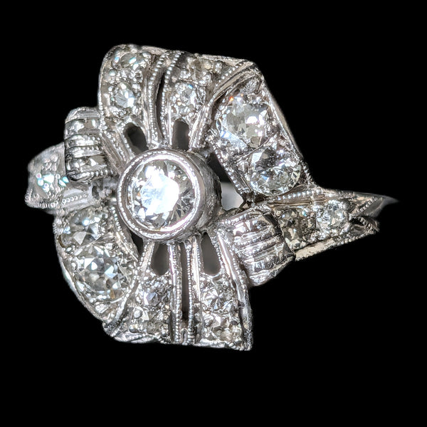 Edwardian Era Old European Cut Diamonds Platinum Cocktail Ring Floral Antique
