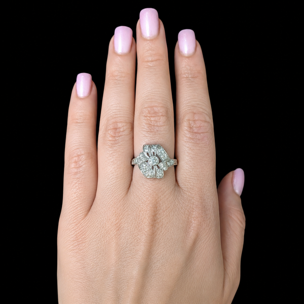 Edwardian Era Old European Cut Diamonds Platinum Cocktail Ring Floral Antique