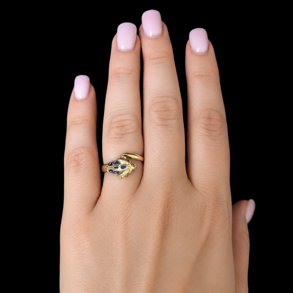 1970s Vintage 14k Gold Enamel Ram Head Bypass Ring Wrap Cocktail Gift Estate 