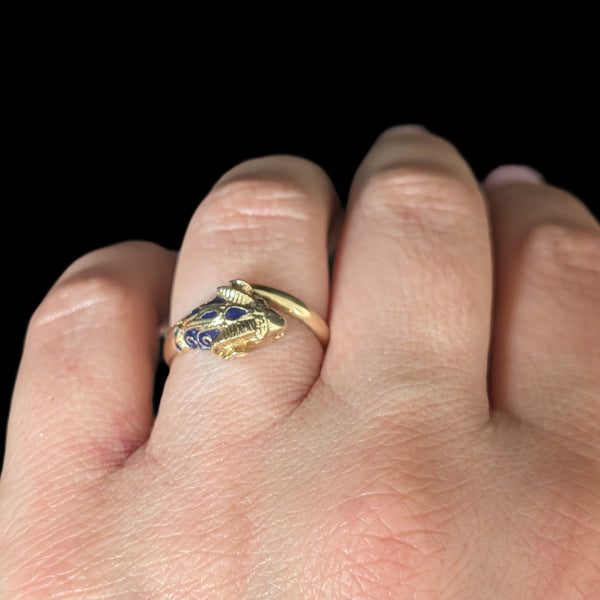 1970s Vintage 14k Gold Enamel Ram Head Bypass Ring Wrap Cocktail Gift Estate 