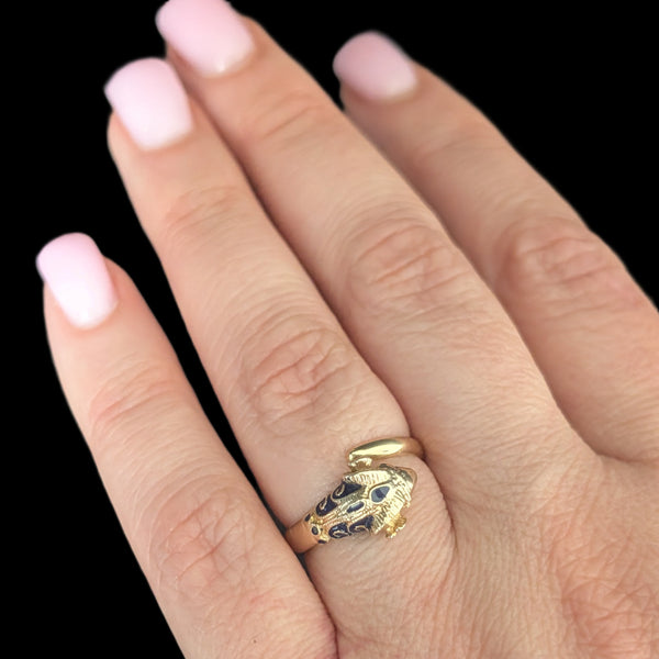 1970s Vintage 14k Gold Enamel Ram Head Bypass Ring Wrap Cocktail Gift Estate 