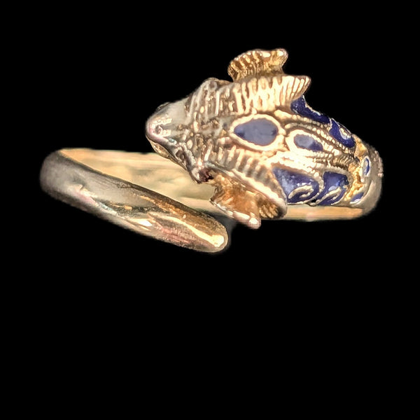 1970s Vintage 14k Gold Enamel Ram Head Bypass Ring Wrap Cocktail Gift Estate 