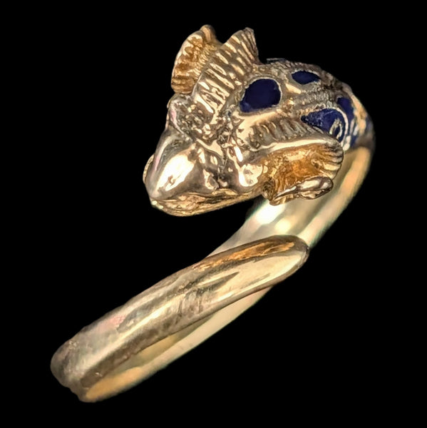 1970s Vintage 14k Gold Enamel Ram Head Bypass Ring Wrap Cocktail Gift Estate 