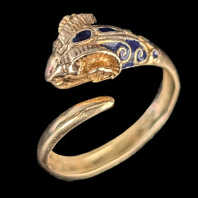 1970s Vintage 14k Gold Enamel Ram Head Bypass Ring Wrap Cocktail Gift Estate 
