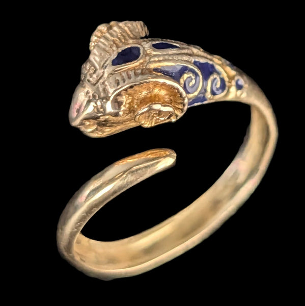 1970s Vintage 14k Gold Enamel Ram Head Bypass Ring Wrap Cocktail Gift Estate 
