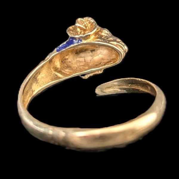 1970s Vintage 14k Gold Enamel Ram Head Bypass Ring Wrap Cocktail Gift Estate 