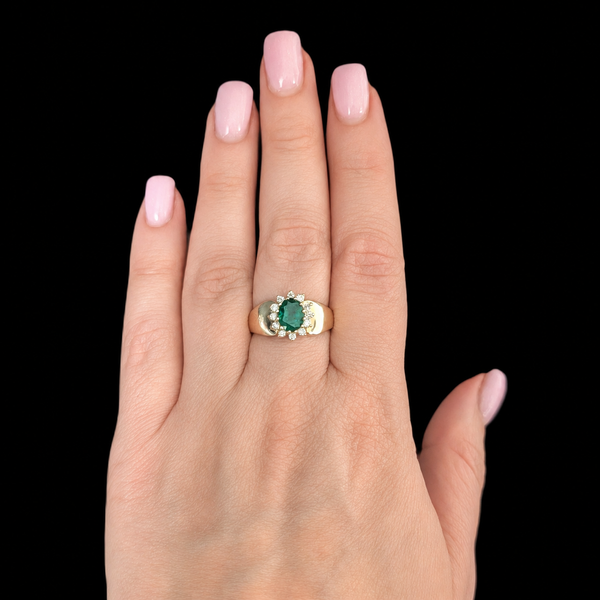 Vintage Oval Cut Emerald Diamonds 14k Yellow Gold Halo Ring Estate Jewelry Gift