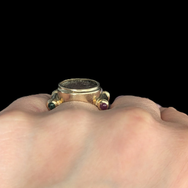 Roman Coin Cocktail Ring 14k Yellow Gold Rubies Emeralds Vintage c.1980s Gift 
