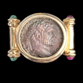 Roman Coin Cocktail Ring 14k Yellow Gold Rubies Emeralds Vintage c.1980s Gift 