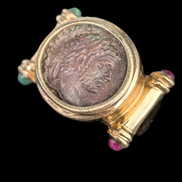 Roman Coin Cocktail Ring 14k Yellow Gold Rubies Emeralds Vintage c.1980s Gift 