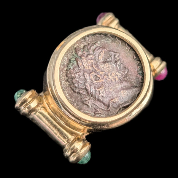 Roman Coin Cocktail Ring 14k Yellow Gold Rubies Emeralds Vintage c.1980s Gift 