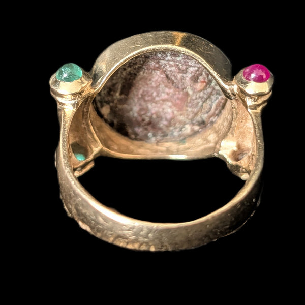 Roman Coin Cocktail Ring 14k Yellow Gold Rubies Emeralds Vintage c.1980s Gift 