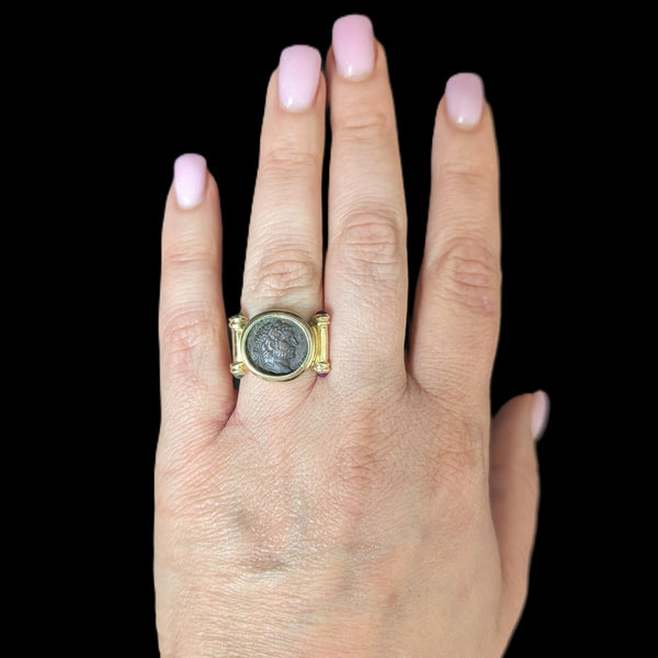 Roman Coin Cocktail Ring 14k Yellow Gold Rubies Emeralds Vintage c.1980s Gift 