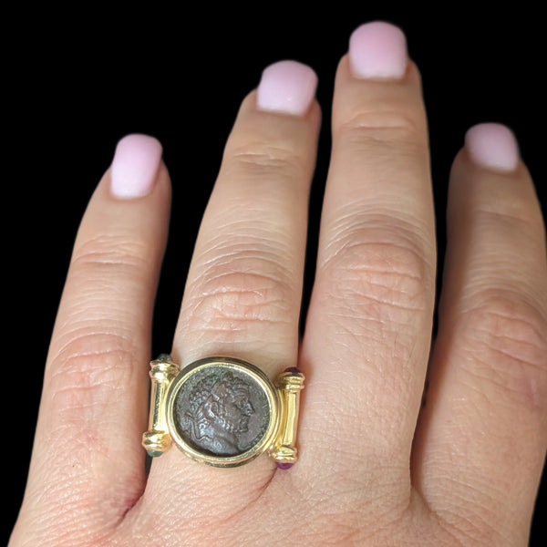 Roman Coin Cocktail Ring 14k Yellow Gold Rubies Emeralds Vintage c.1980s Gift 